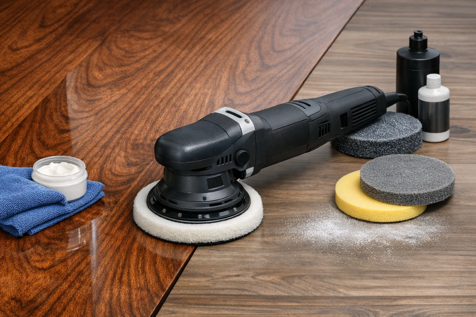 Polieren und Mattieren von Moebeloberflaechen mit dem Exzenterschleifer