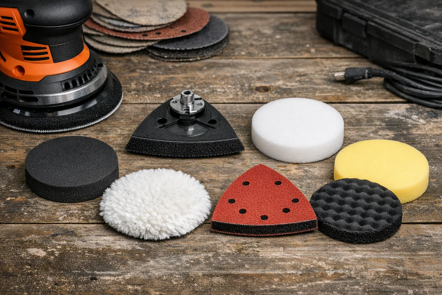 Spezialzubehoer fuer Exzenterschleifer: Polieraufsatz, Delta-Adapter und Pads